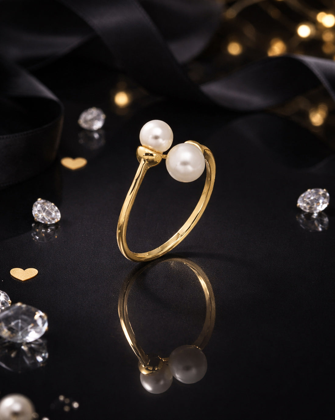 Gold Plated CZ Pearl Adjustable Classic Ring