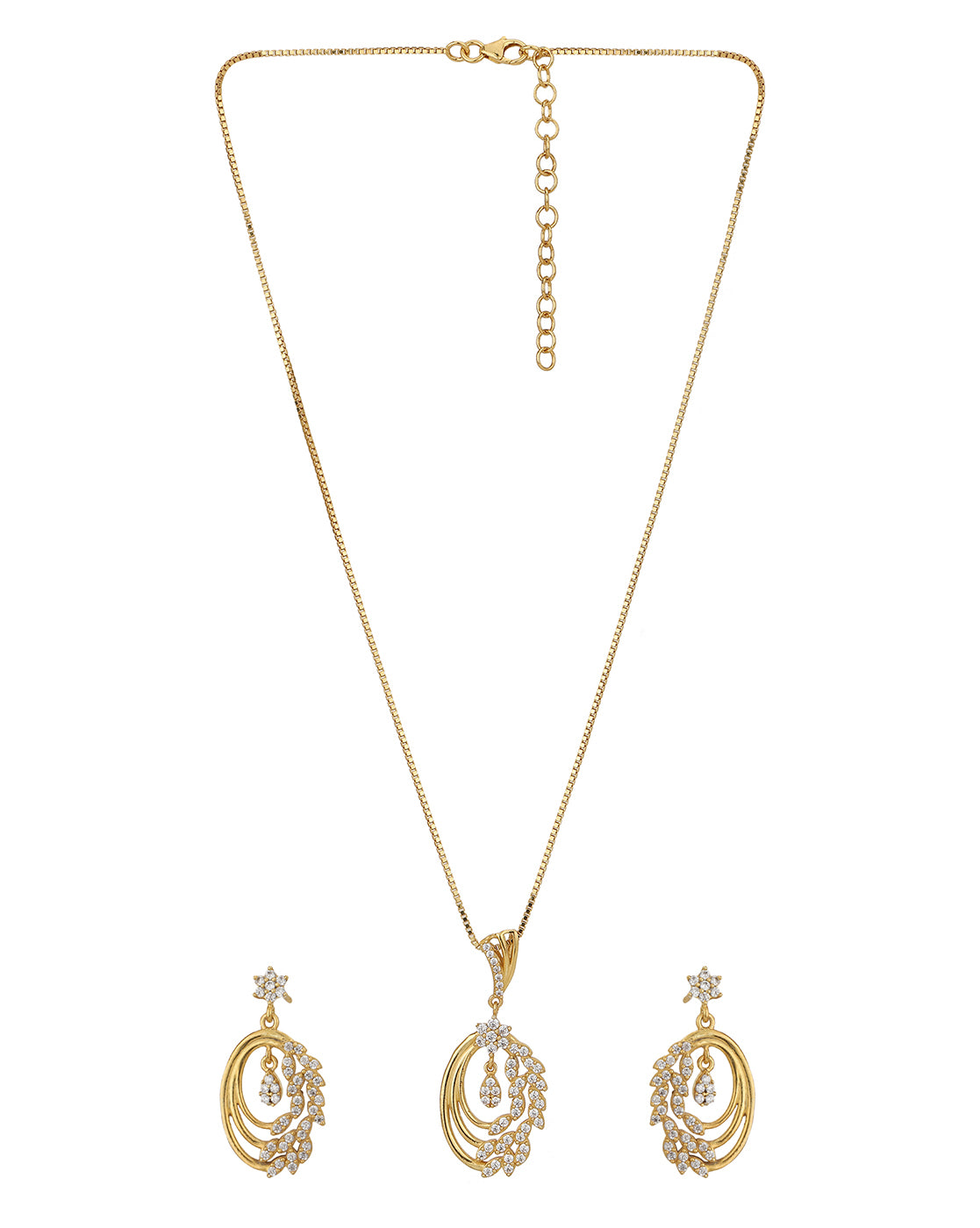 Carlton London Gold Plated With Zirconia Oval Pendant And Chain With Earring Set