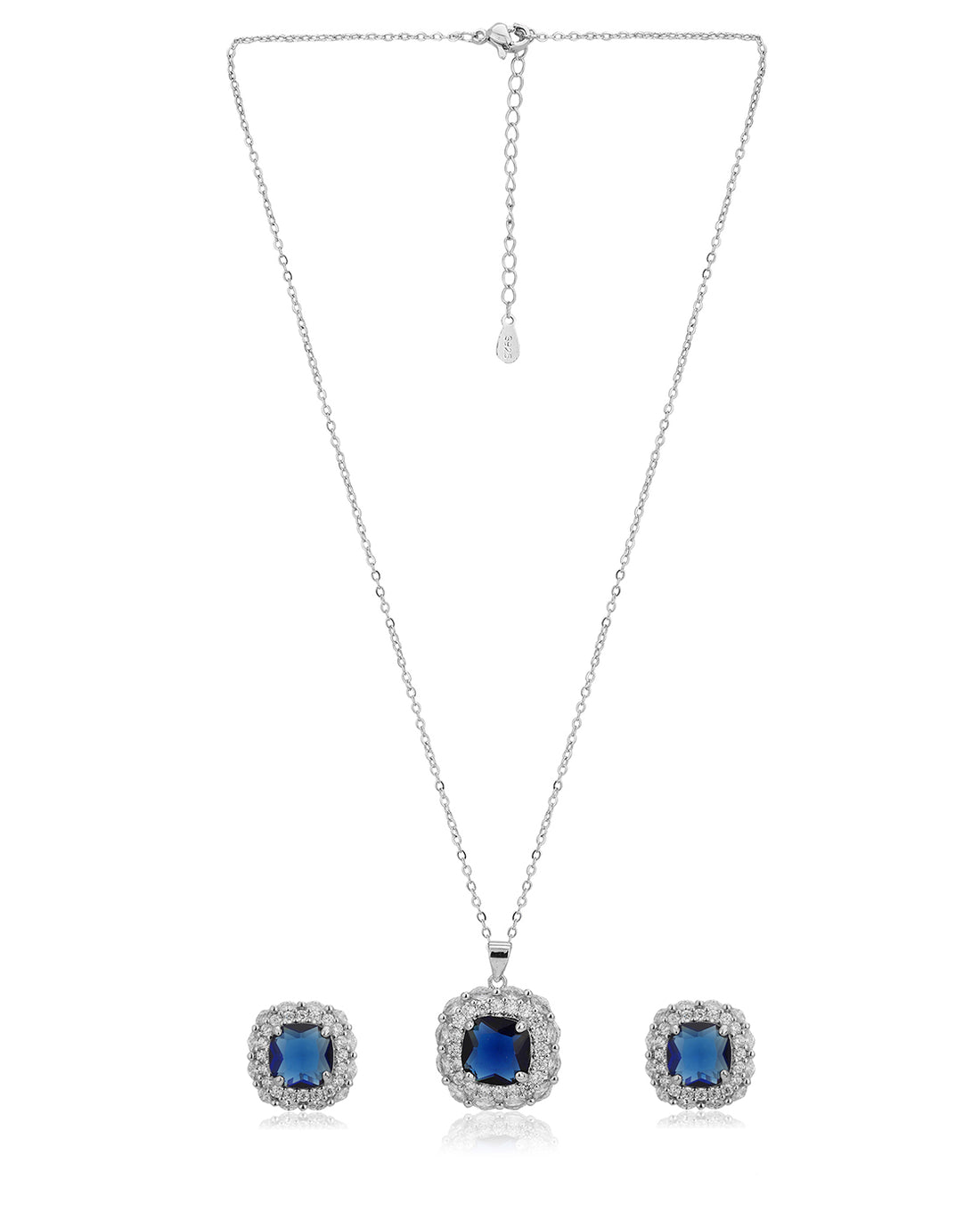 Premium Saphire Blue With Rhodium Plated Cz Necklace And Earring Set For Women