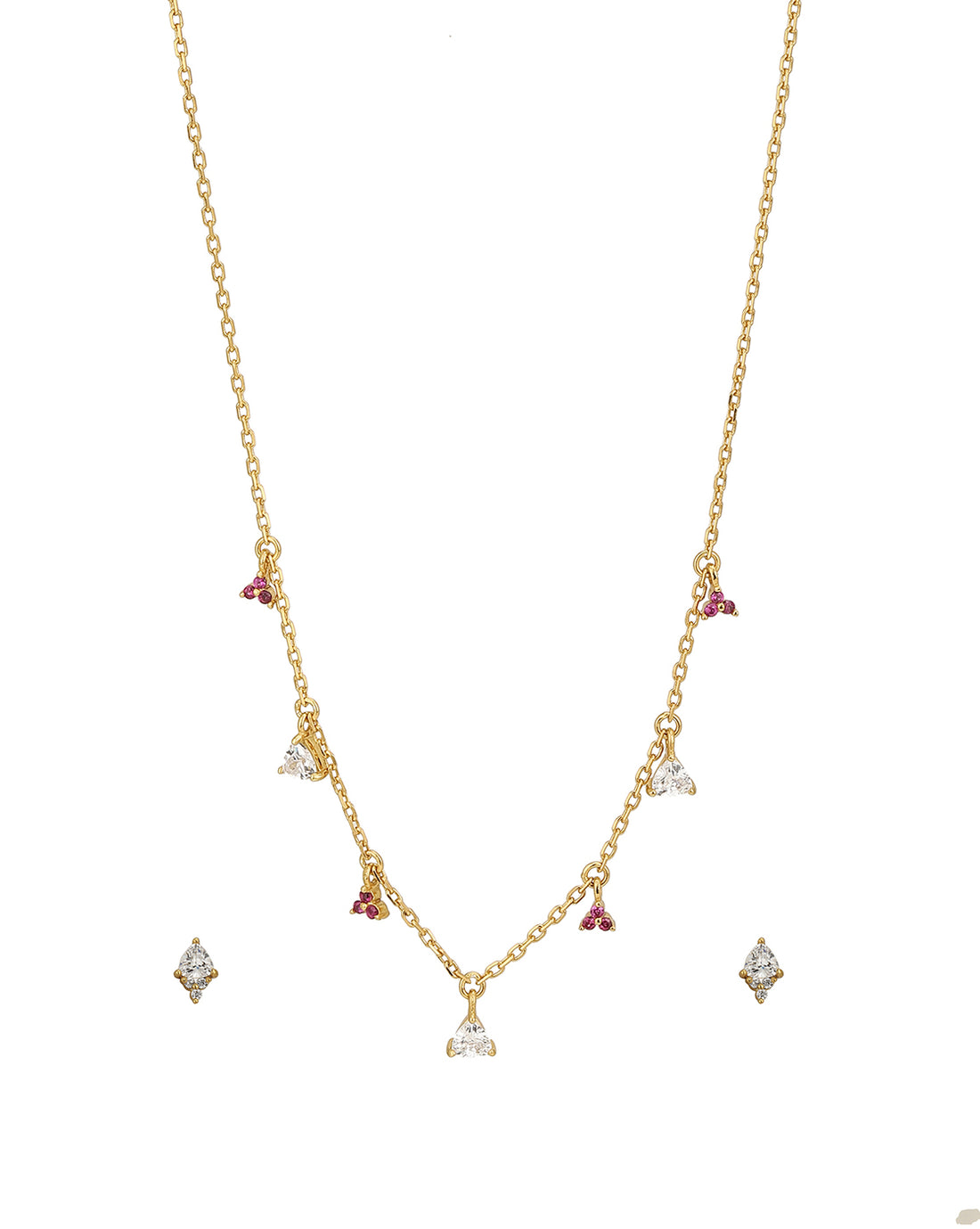 18Kt Gold Plated With Dangling Solitaire Ruby Red Cz Studded Necklace With Earring Set For Women