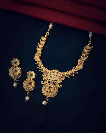 Gold Plated Kundan Bridal Necklace With Earring Set For Women