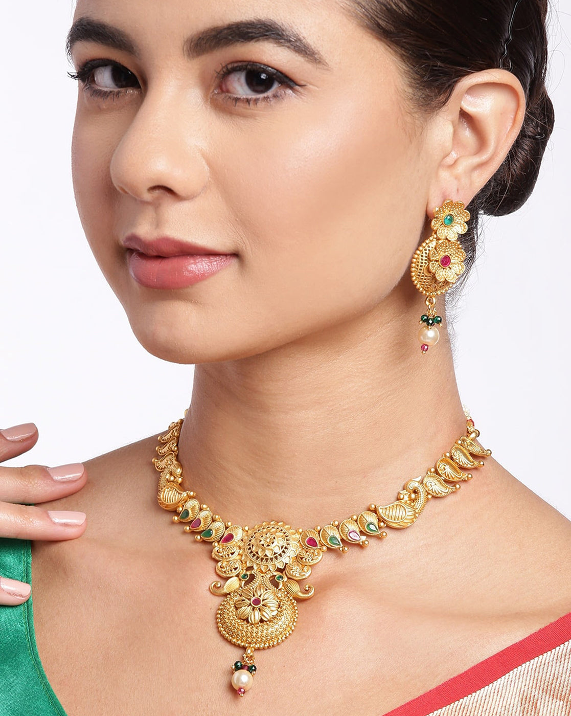 Gold Plated Kundan Bridal Necklace With Earring Set For Women