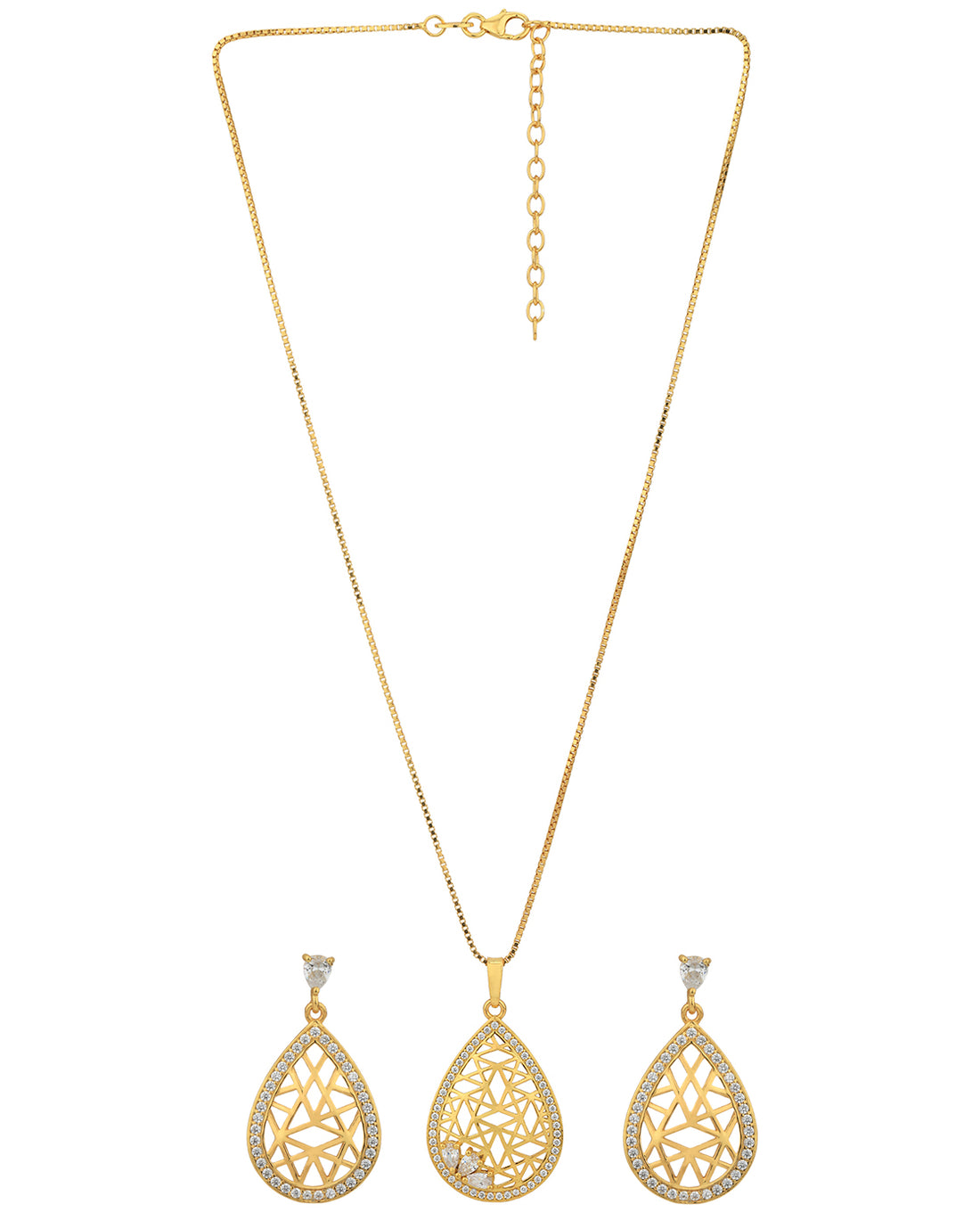 18kt Gold Plated with CZ Filigree Tear Drop Necklace and Earring set for women