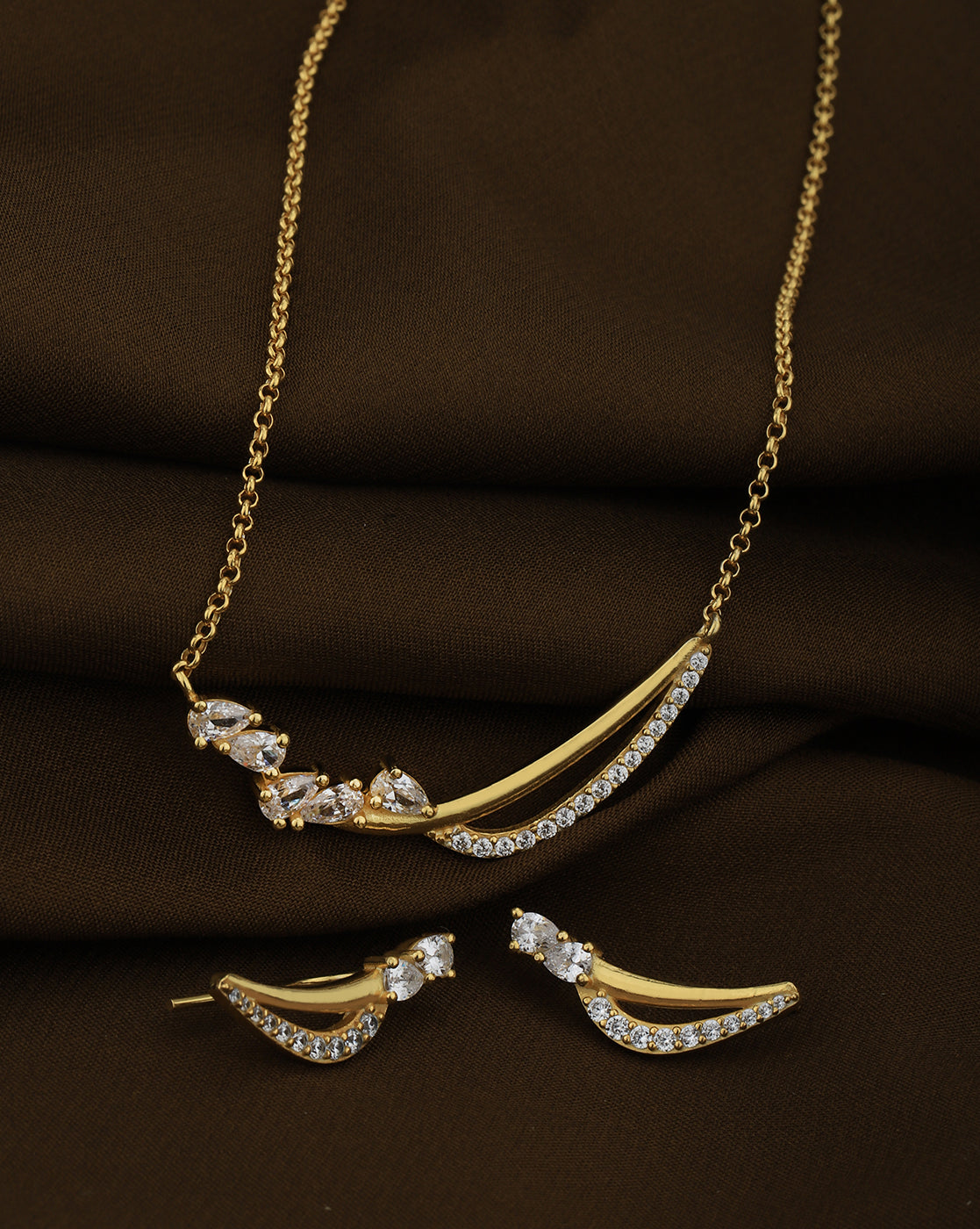 18kt Gold Plated with CZ Contemporary Necklace and Earring set for women