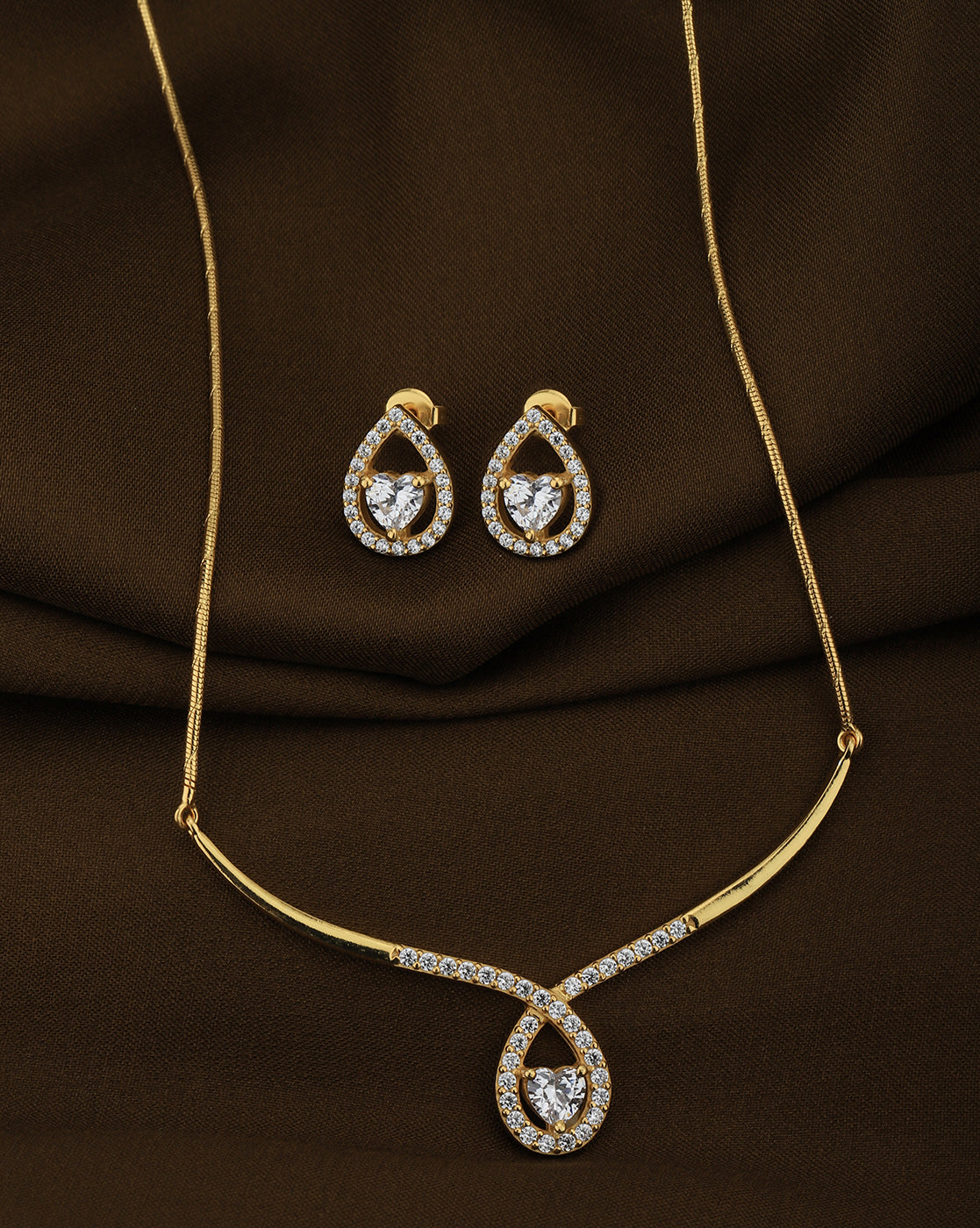 18kt Gold Plated with CZ Bar Tear Drop with Heart Solitaire Necklace and Earring set for women