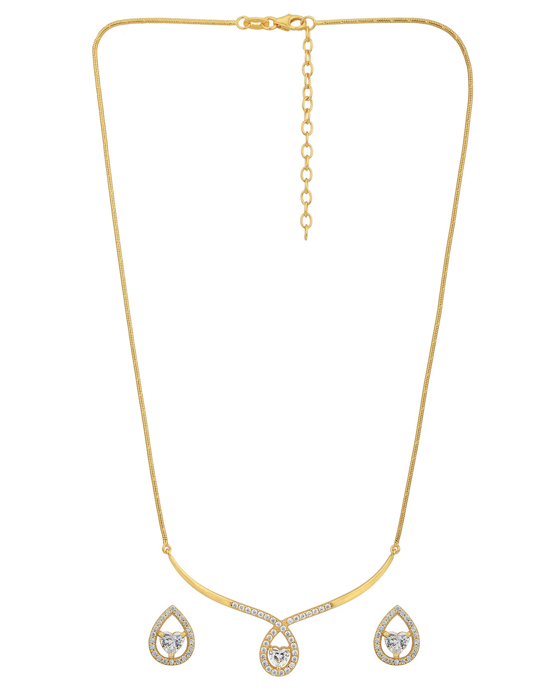 18kt Gold Plated with CZ Bar Tear Drop with Heart Solitaire Necklace and Earring set for women