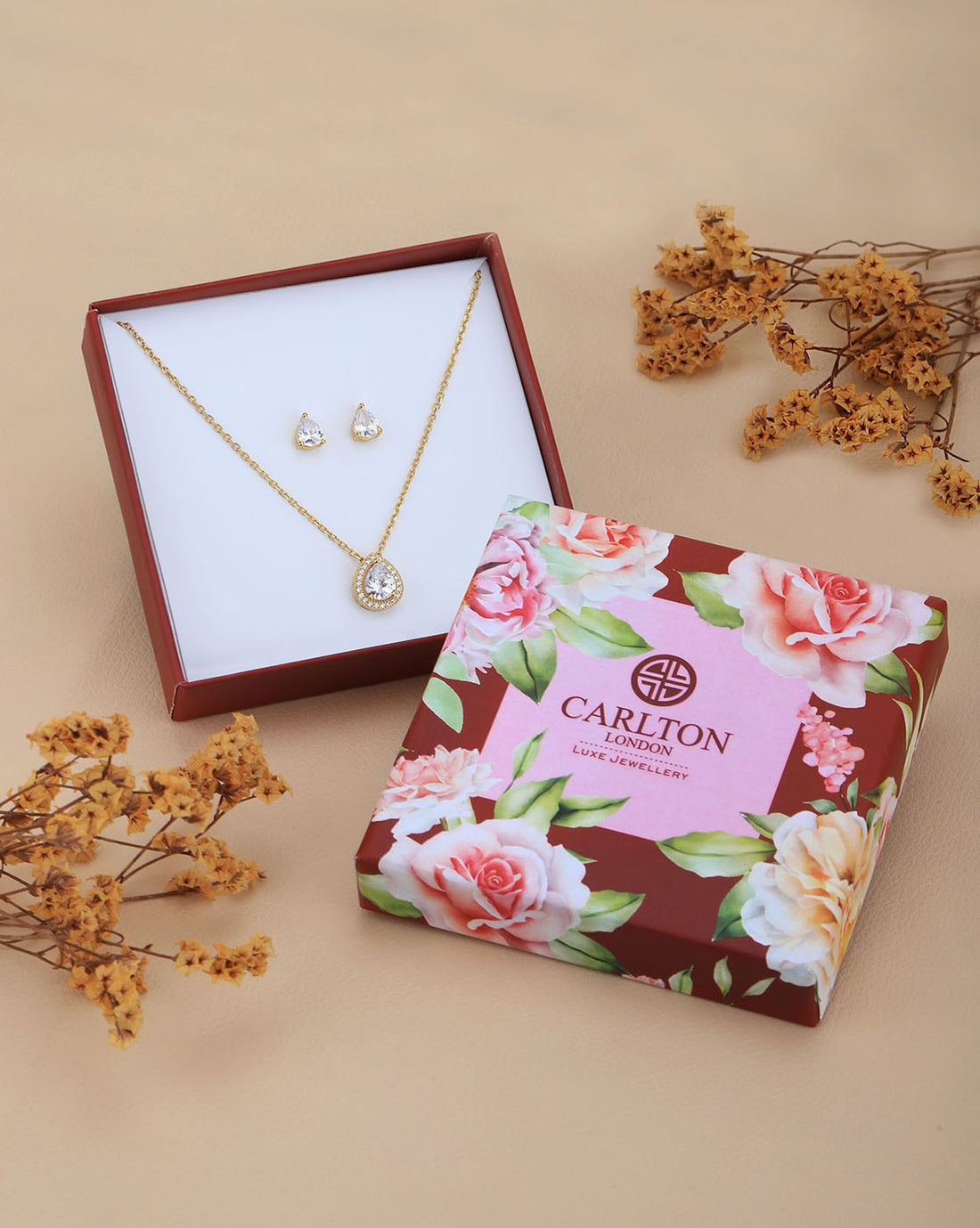 18kt Gold Plated CZ Tear Drop Shape Necklace with Earring Set for women