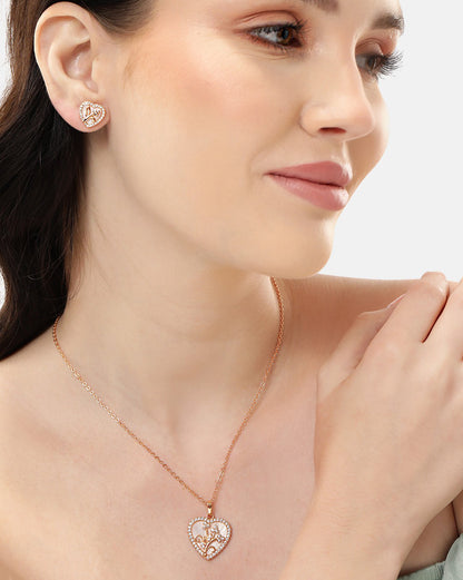 2 Toned Plated with CZ Heart Floral Pendant and Earring Set