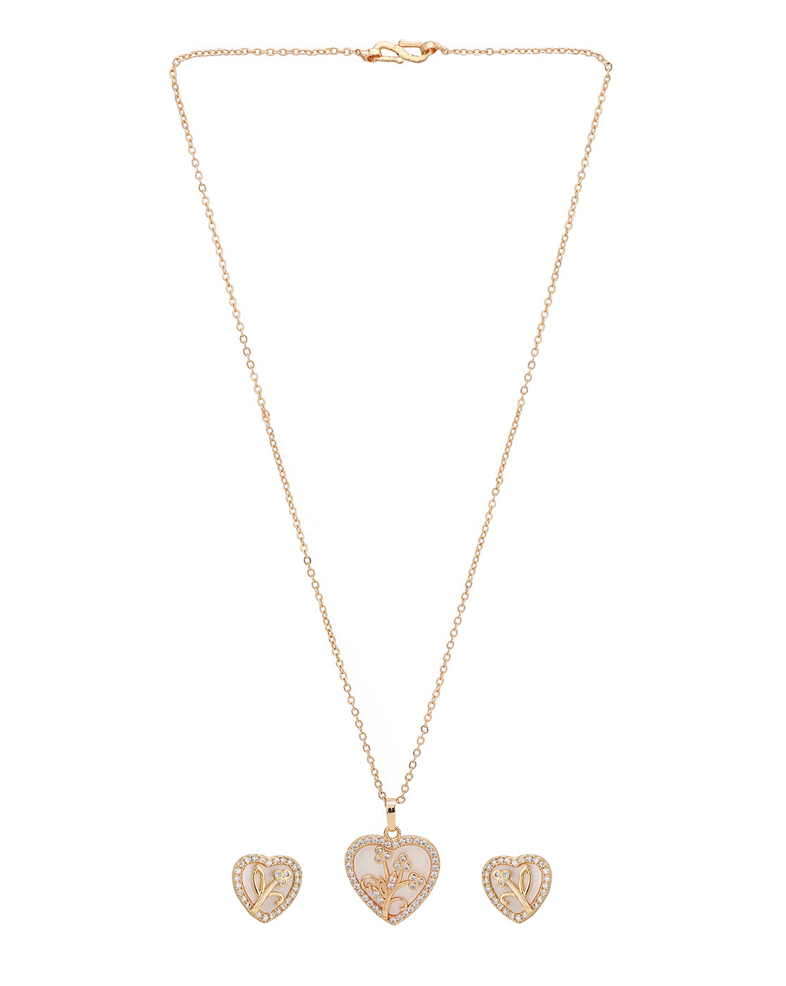 2 Toned Plated with CZ Heart Floral Pendant and Earring Set