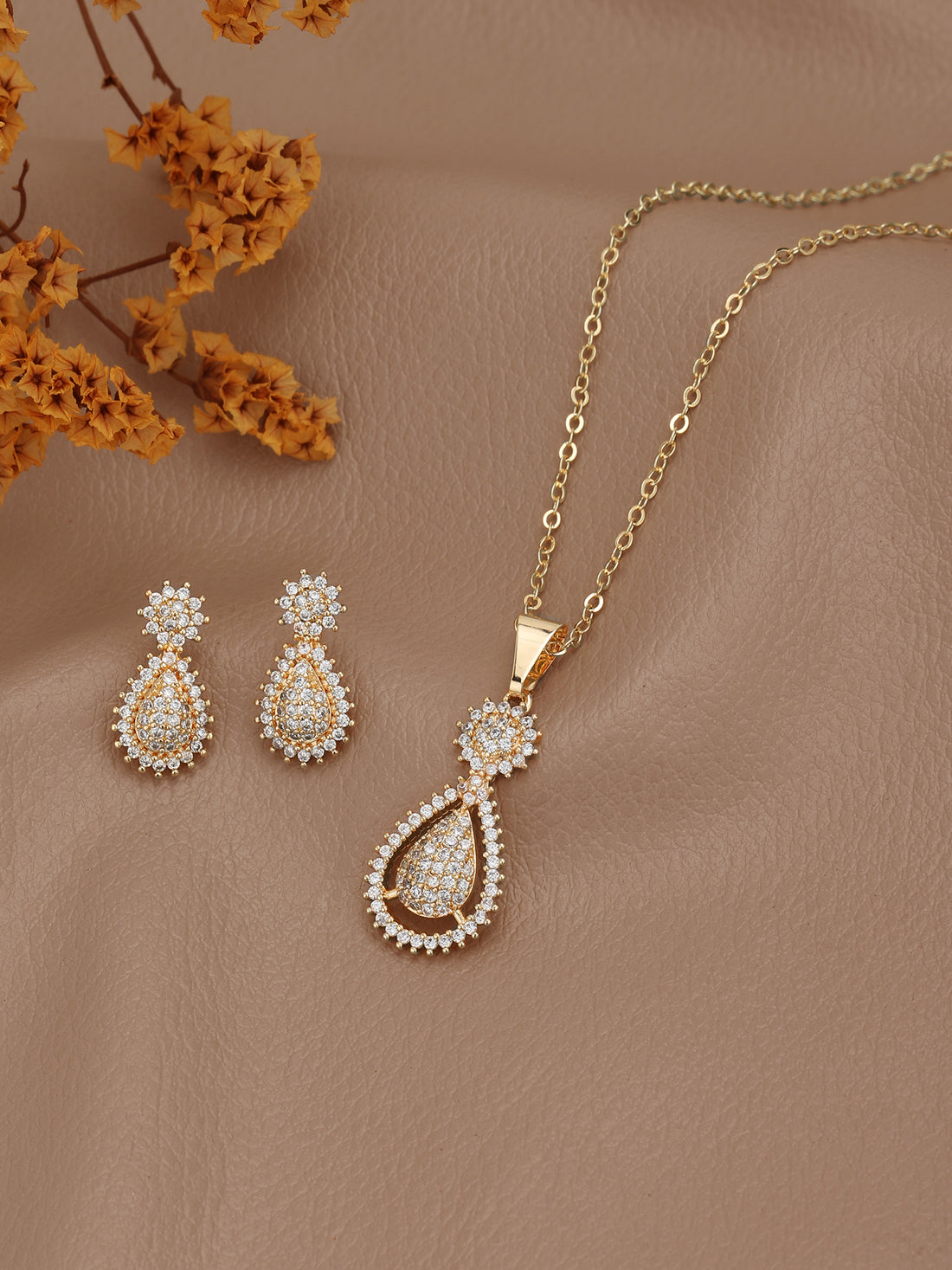 Gold Plated with CZ Ear Drop Pendant and Earring Set
