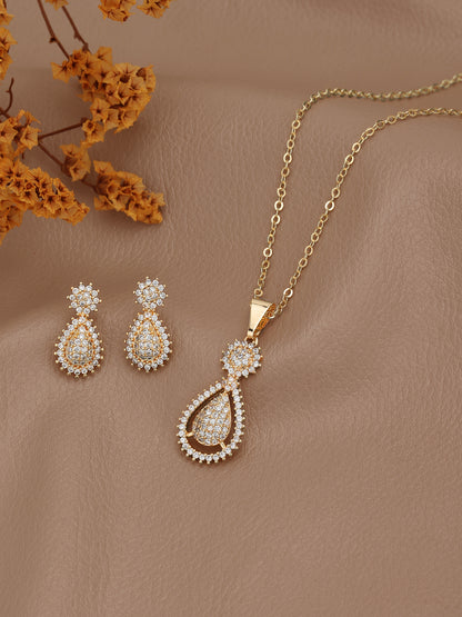 Gold Plated with CZ Ear Drop Pendant and Earring Set