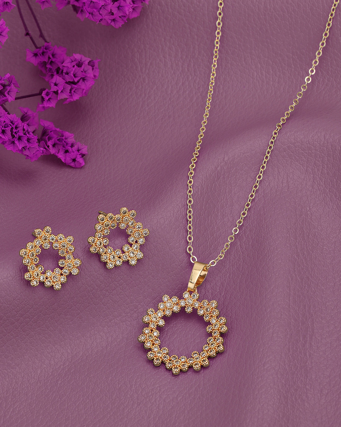 Gold Plated with CZ Floral Pendant and Earring Set