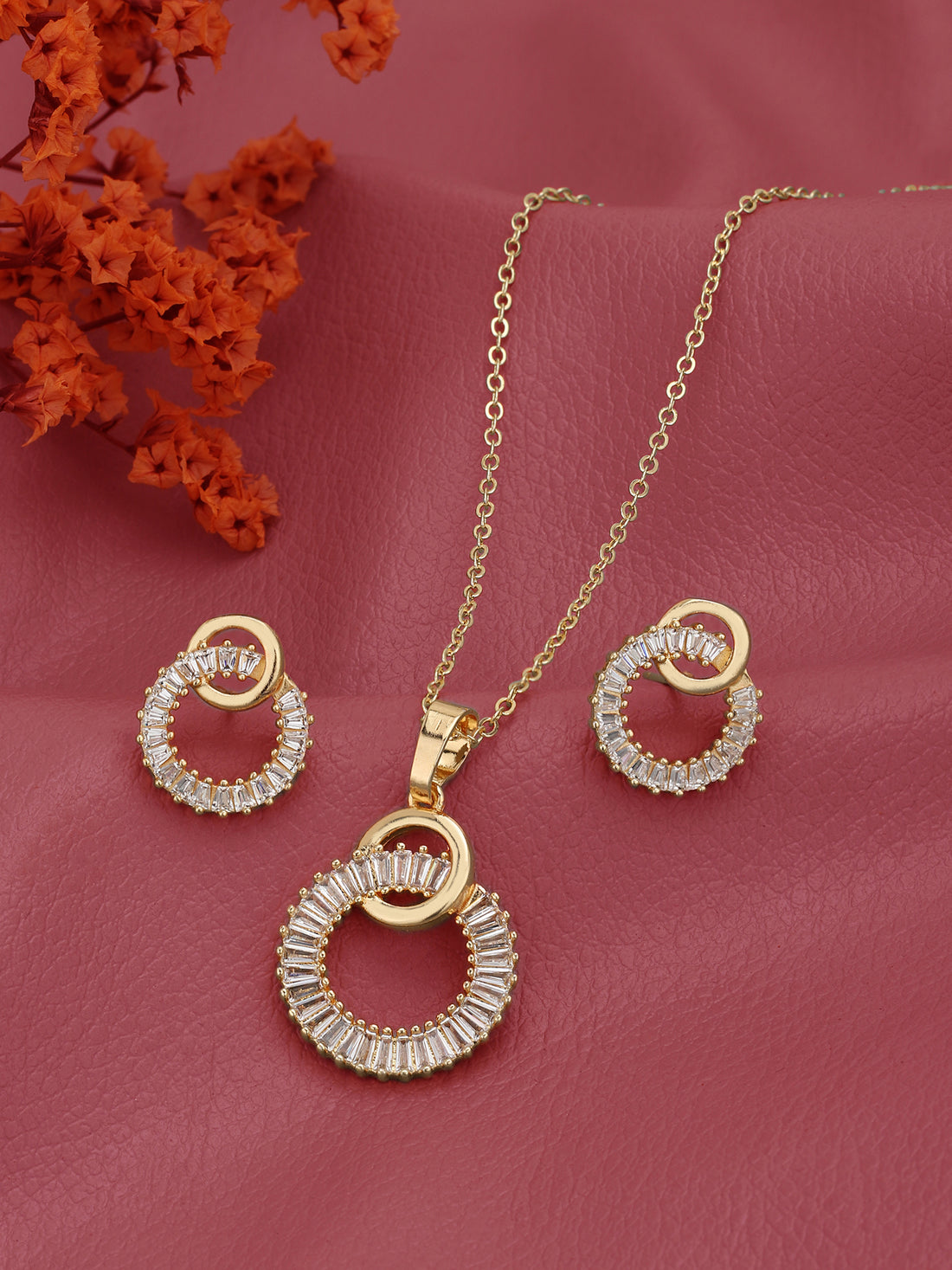 Gold Plated with CZ Circular Pendant and Earring Set