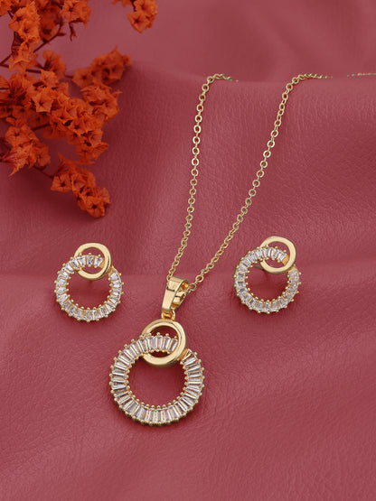 Gold Plated with CZ Circular Pendant and Earring Set