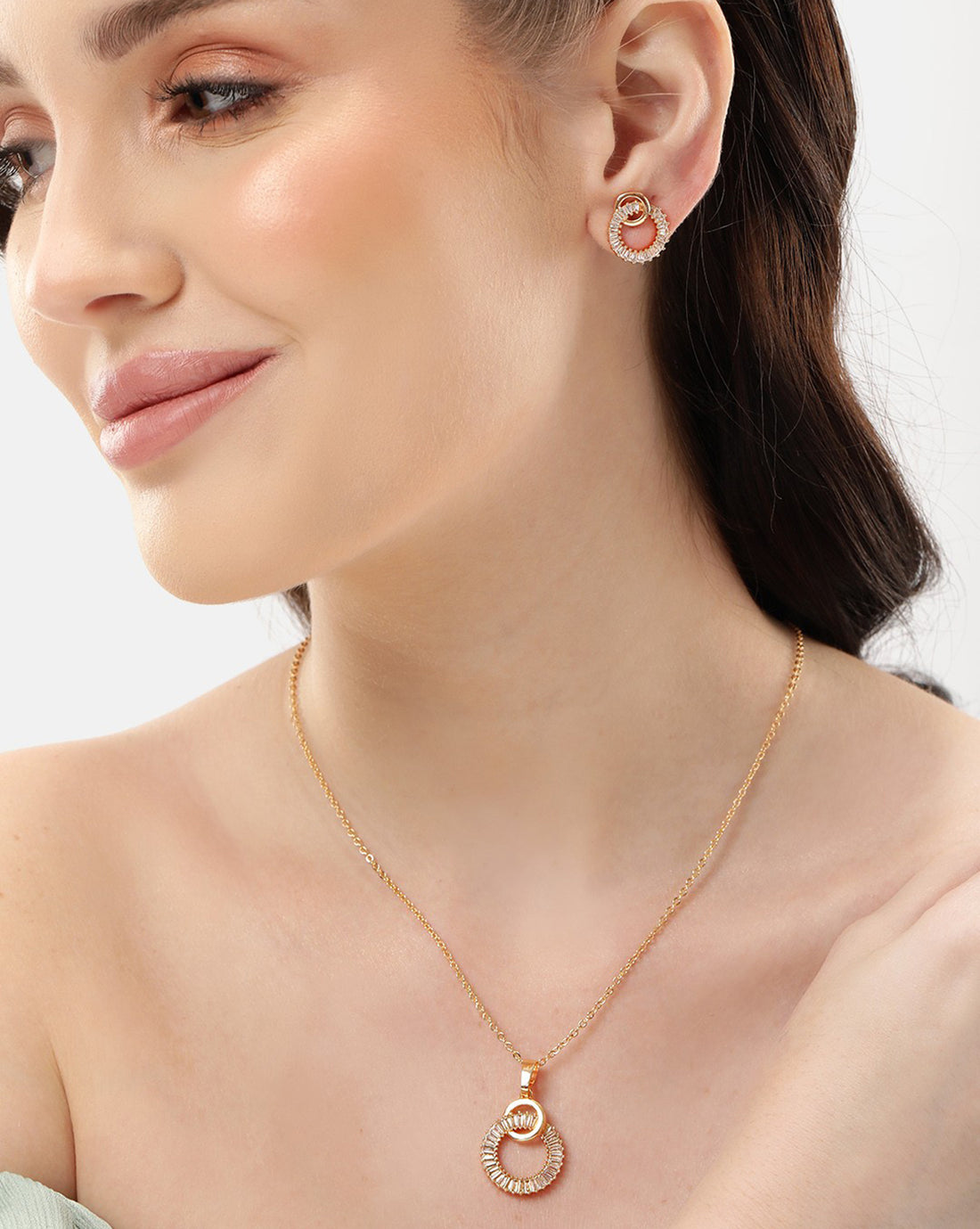 Gold Plated with CZ Circular Pendant and Earring Set