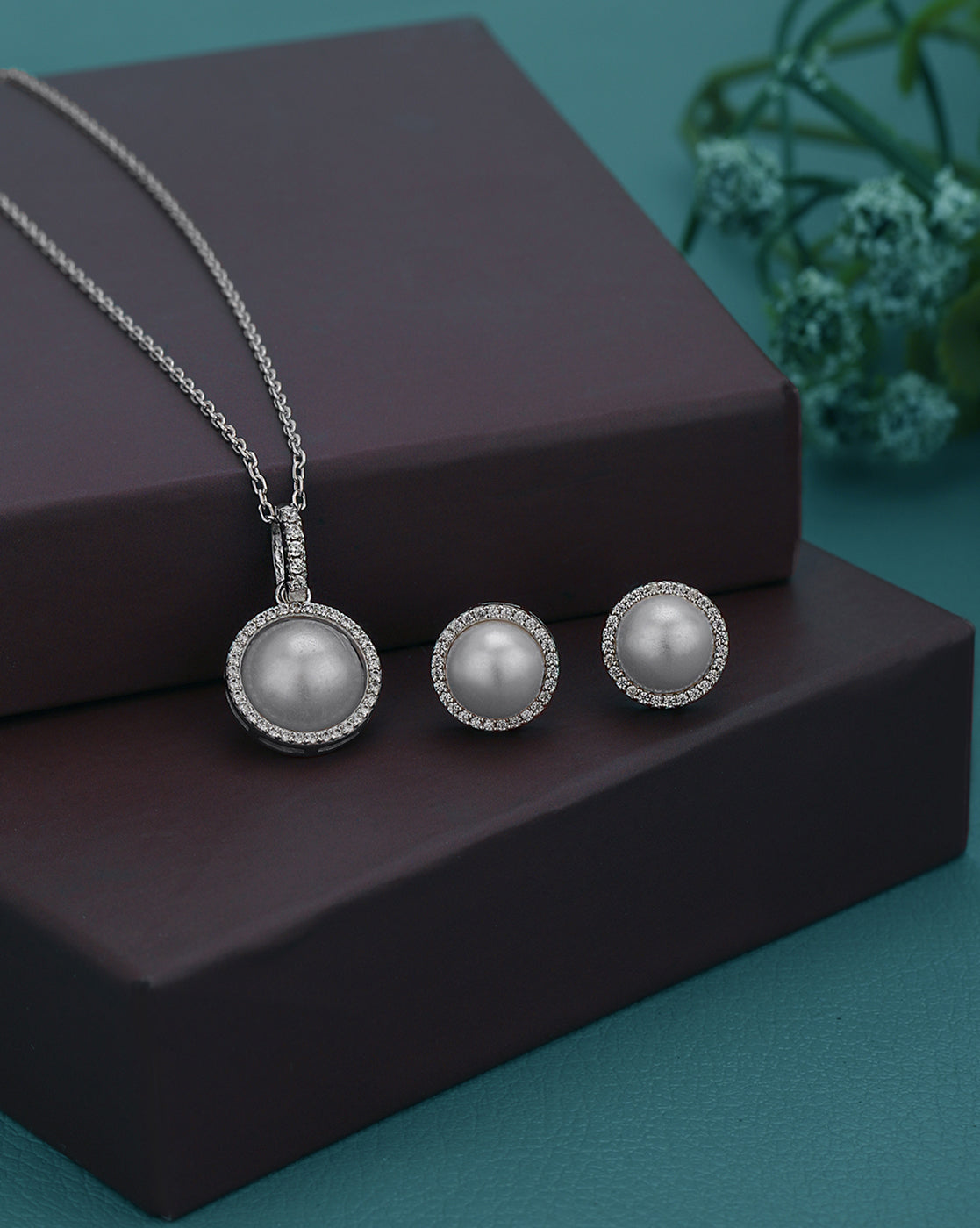 Rhodium Plated CZ with Pearl Stud &amp; Necklace Set