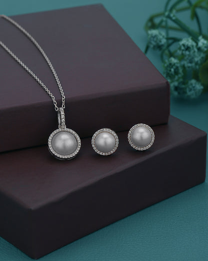 Rhodium Plated CZ with Pearl Stud &amp; Necklace Set