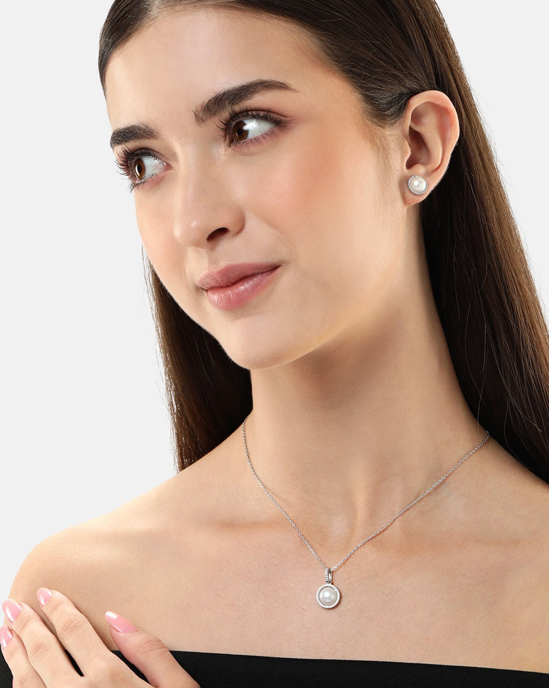 Rhodium Plated CZ with Pearl Stud &amp; Necklace Set