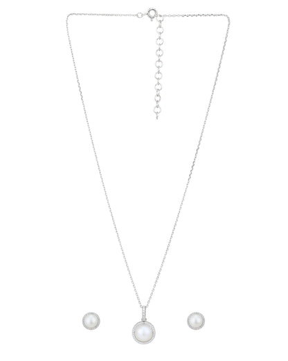 Rhodium Plated CZ with Pearl Stud &amp; Necklace Set