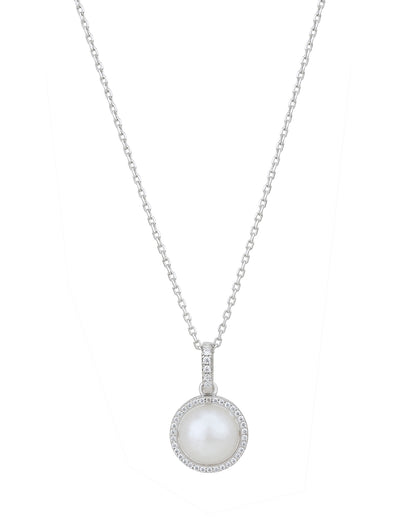 Rhodium Plated CZ with Pearl Stud &amp; Necklace Set