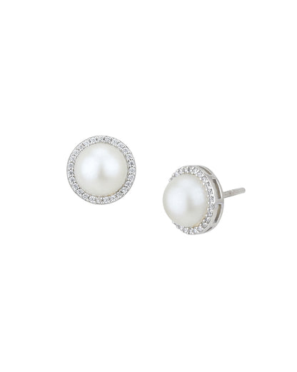 Rhodium Plated CZ with Pearl Stud &amp; Necklace Set