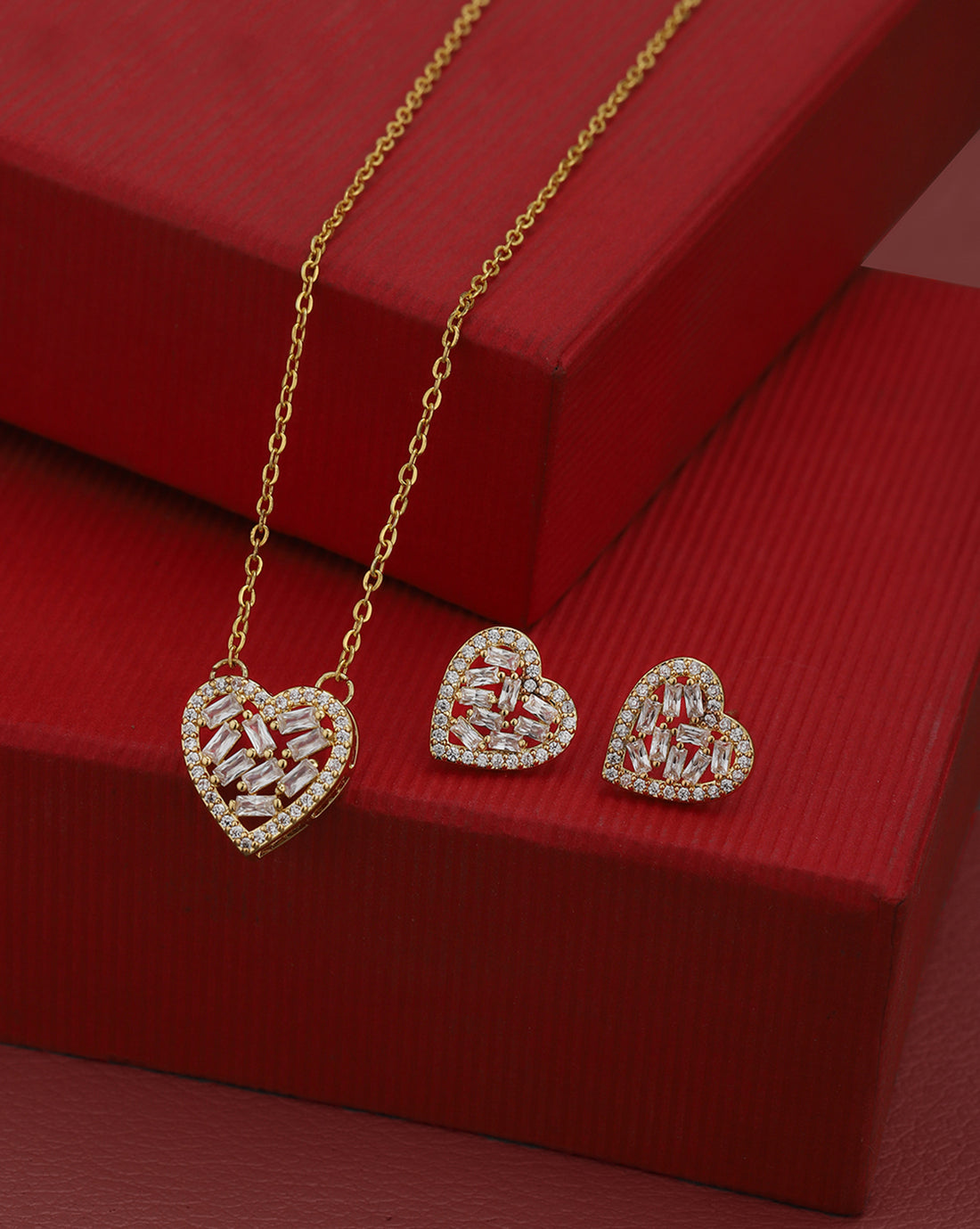 Gold Plated CZ Heart Necklace and Earring Set