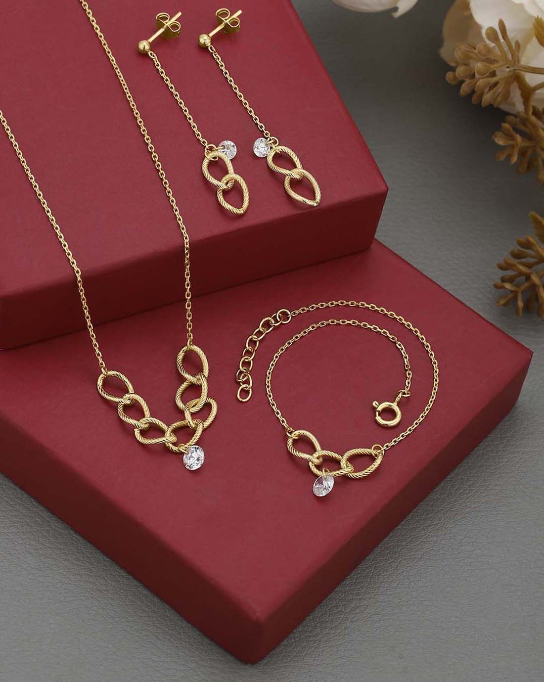 18kt Gold Plated CZ Link Bracelet with Earring and Necklace Set
