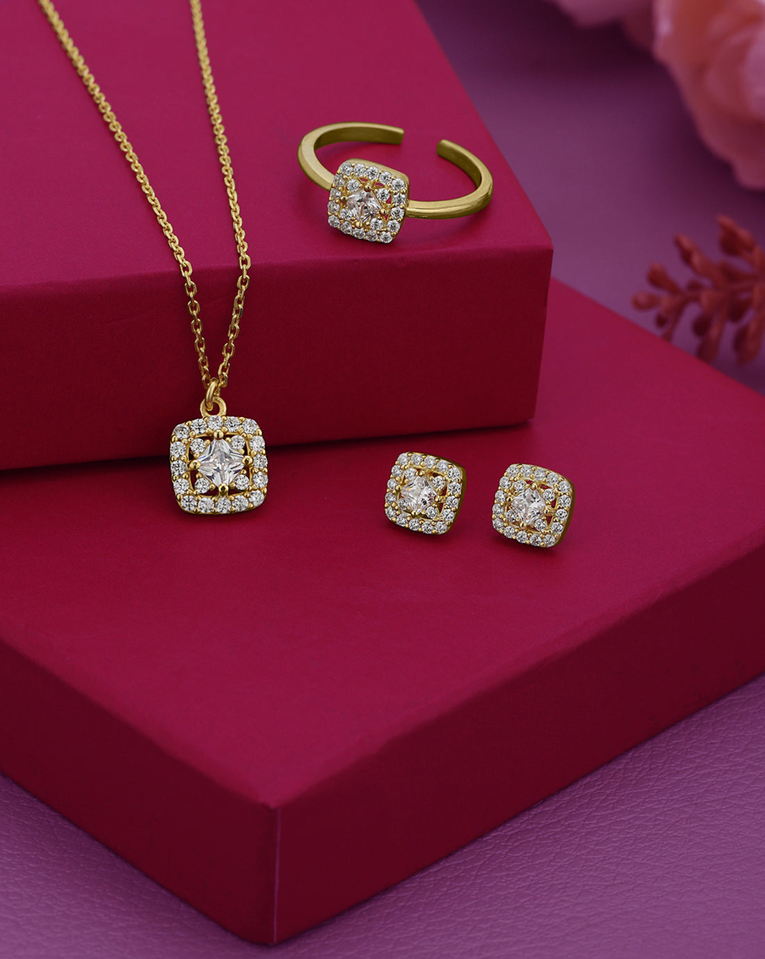 18kt Gold Plated CZ Square Earring with Adjustable Ring & Necklace Set