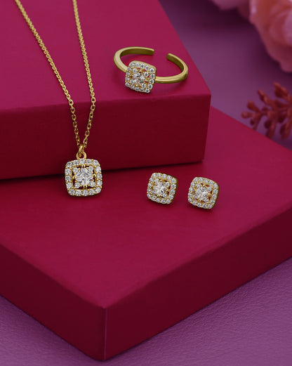 18kt Gold Plated CZ Square Earring with Adjustable Ring &amp; Necklace Set