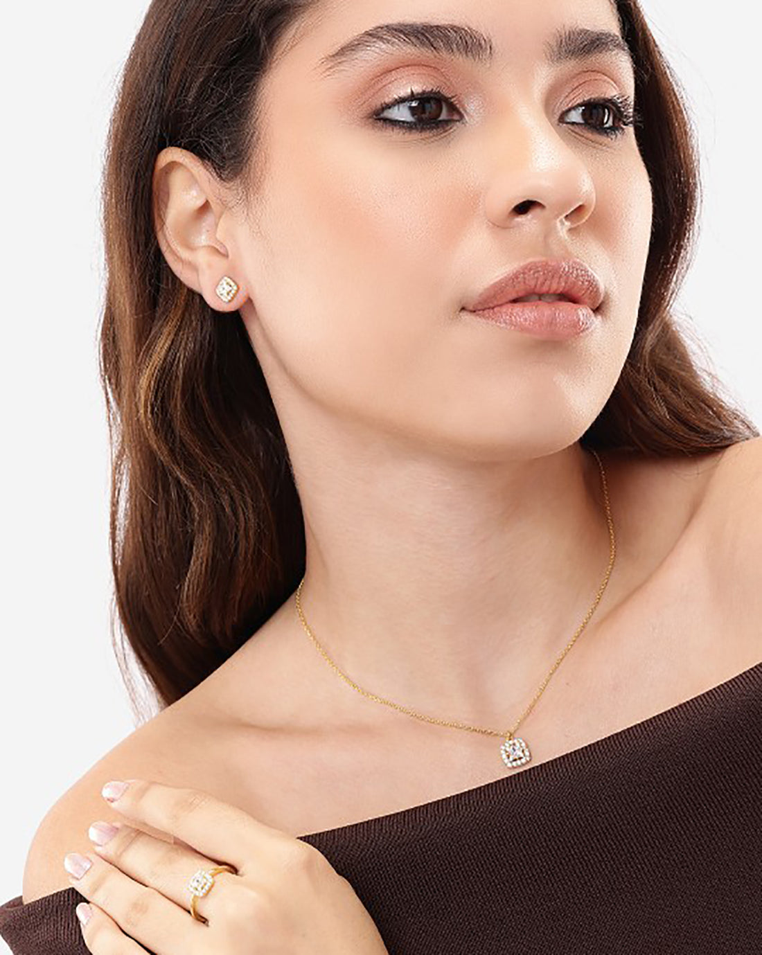 18kt Gold Plated CZ Square Earring with Adjustable Ring &amp; Necklace Set
