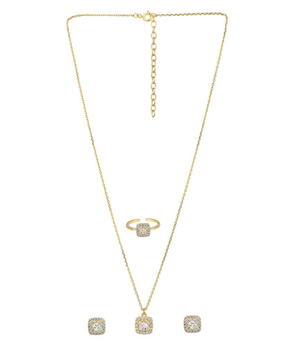 18kt Gold Plated CZ Square Earring with Adjustable Ring &amp; Necklace Set