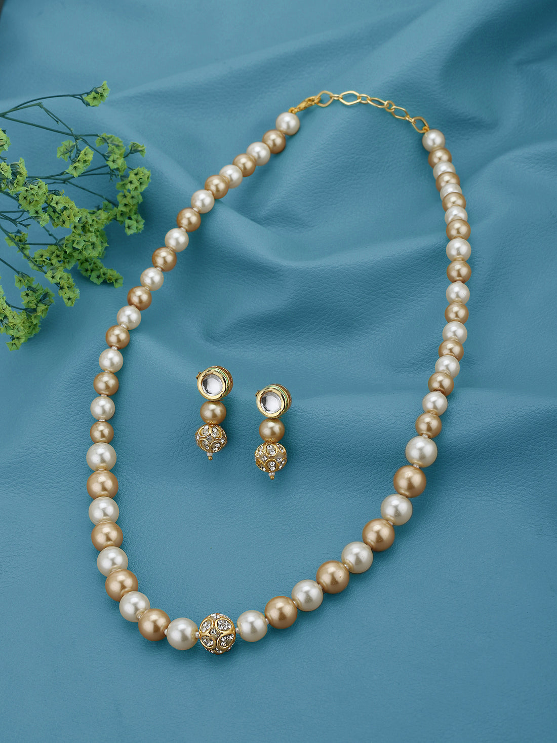 Gold Plated Multi Colour Pearl Beaded and CZ Jewellery Set