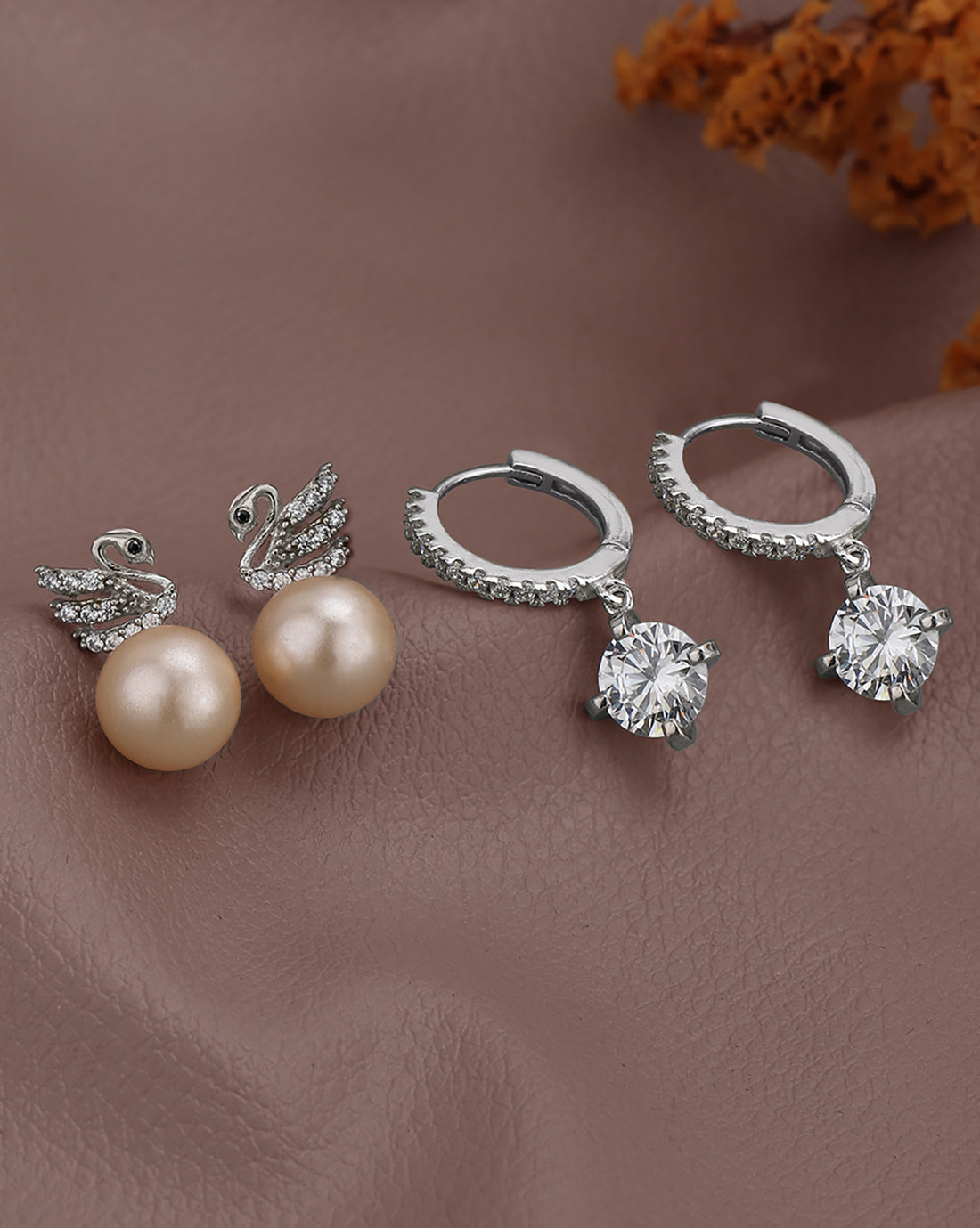 Rhodium Plated CZ and Pearl Stud and Drop Earring Gift Set Pack of 2