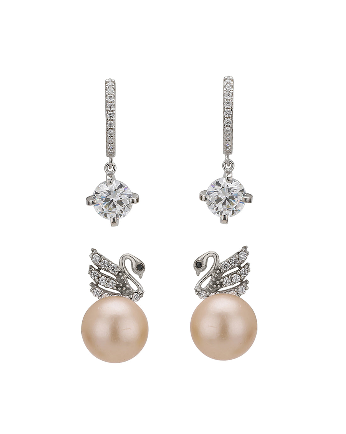 Rhodium Plated CZ and Pearl Stud and Drop Earring Gift Set Pack of 2