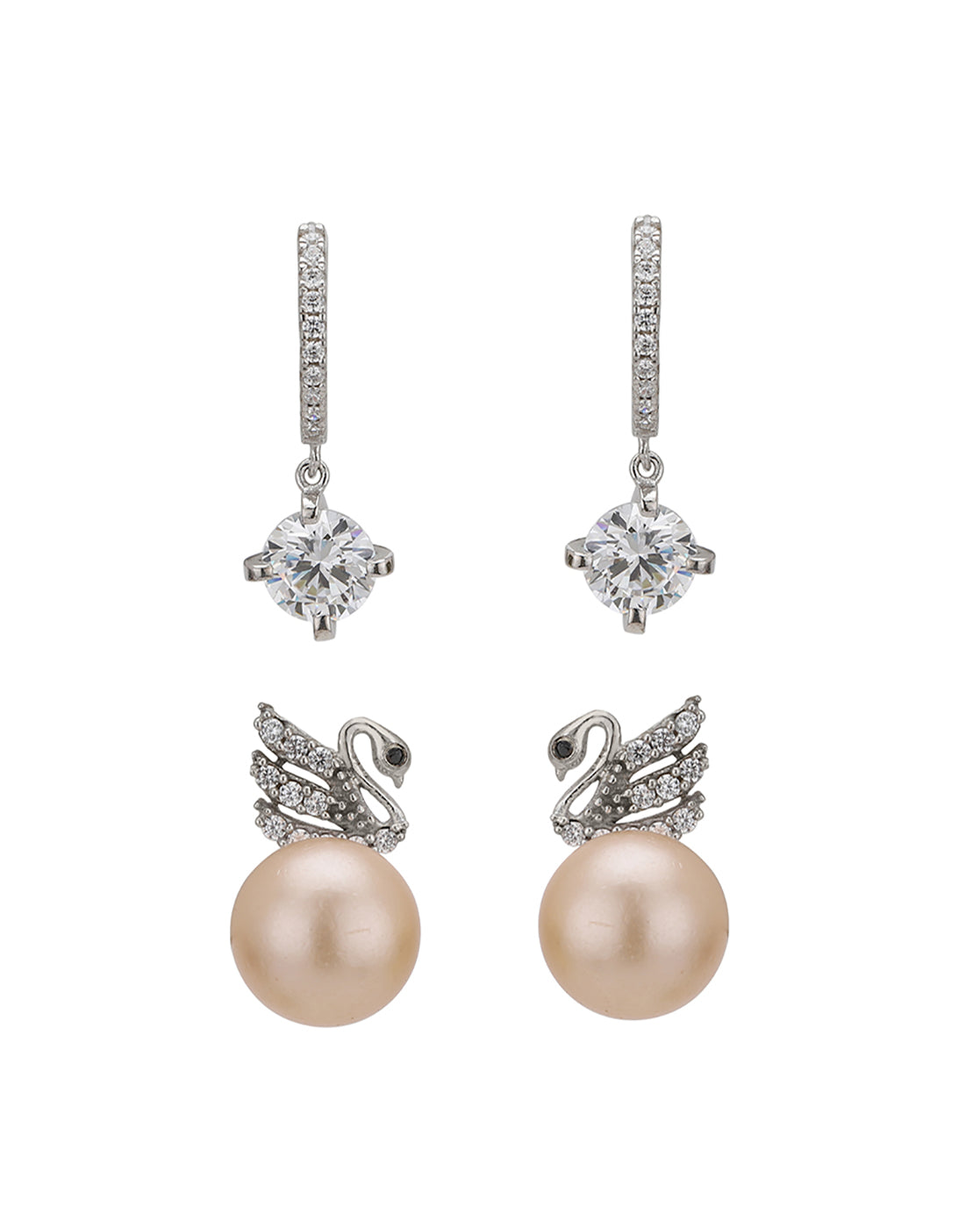 Rhodium Plated CZ and Pearl Stud and Drop Earring Gift Set Pack of 2