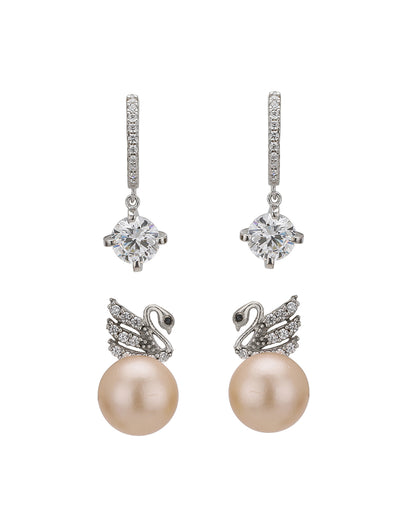 Rhodium Plated CZ and Pearl Stud and Drop Earring Gift Set Pack of 2