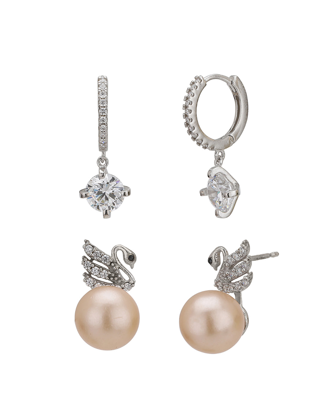 Rhodium Plated CZ and Pearl Stud and Drop Earring Gift Set Pack of 2