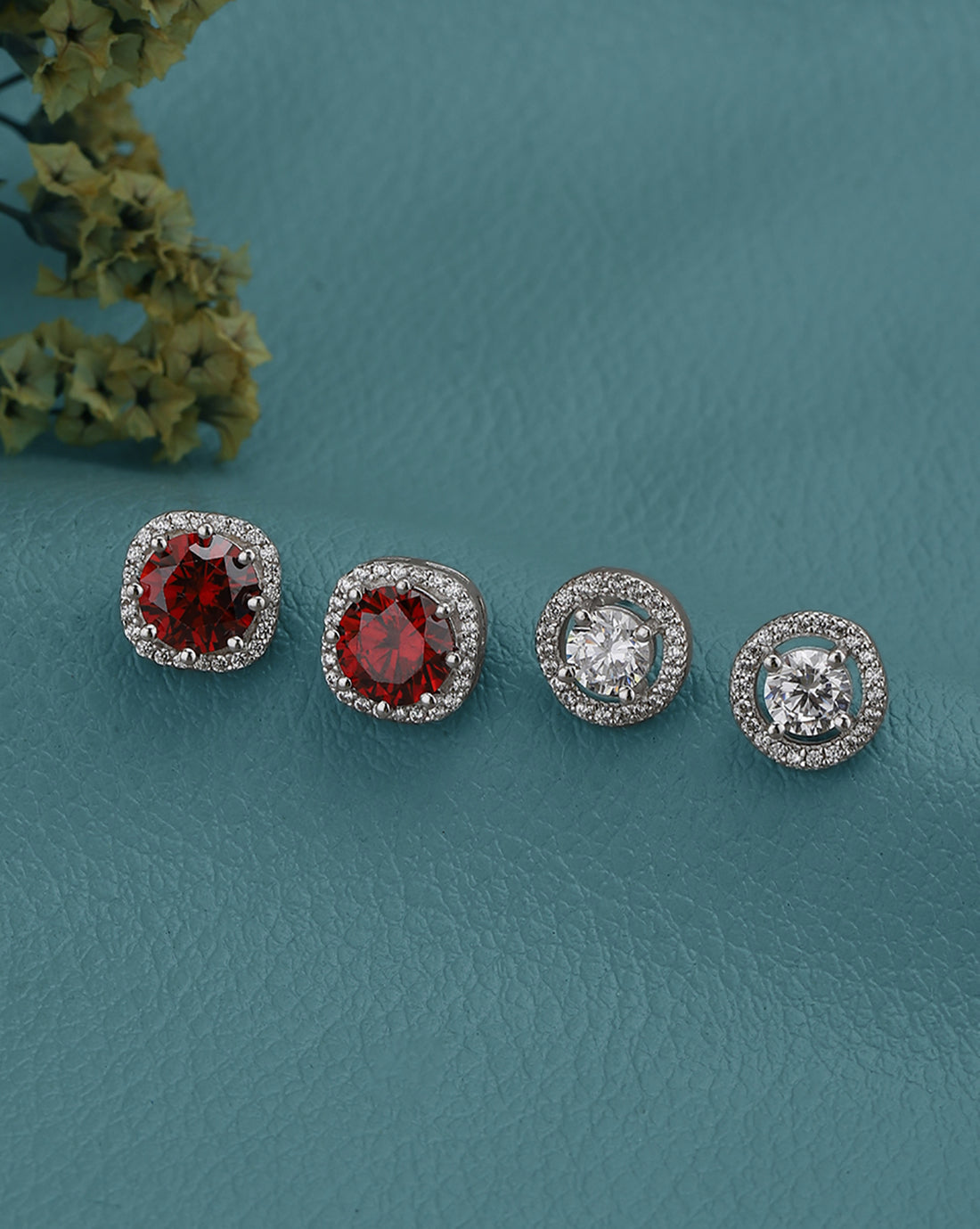 Rhodium Plated CZ and Pearl Stud Earring Gift Set Pack of 2