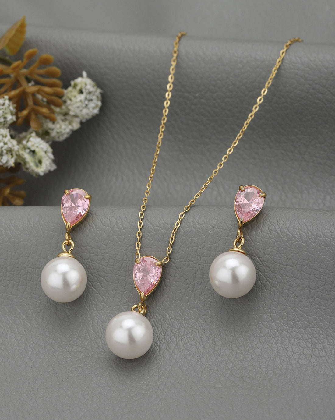 18kt Gold Plated Pear Drop CZ Pearl Necklace and Drop Earring Set