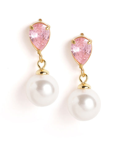 18kt Gold Plated Pear Drop CZ Pearl Necklace and Drop Earring Set