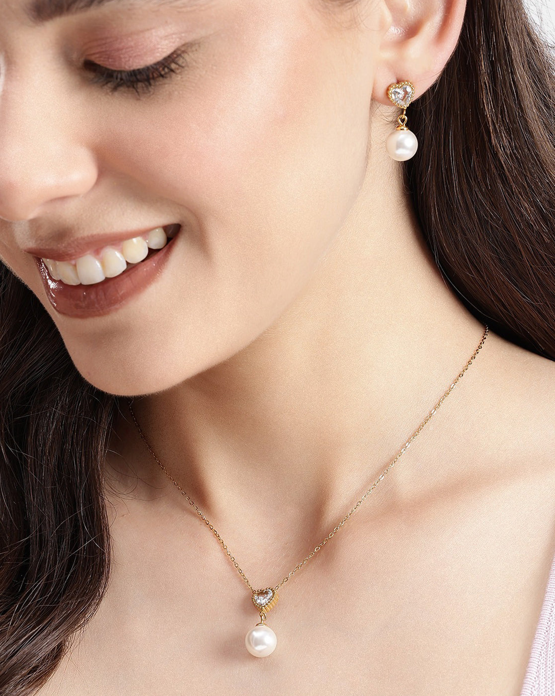 18kt Gold Plated Heart CZ Pearl Necklace and Drop Earring Set