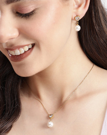 18kt Gold Plated Heart CZ Pearl Necklace and Drop Earring Set
