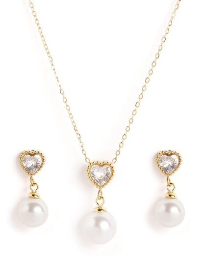 18kt Gold Plated Heart CZ Pearl Necklace and Drop Earring Set