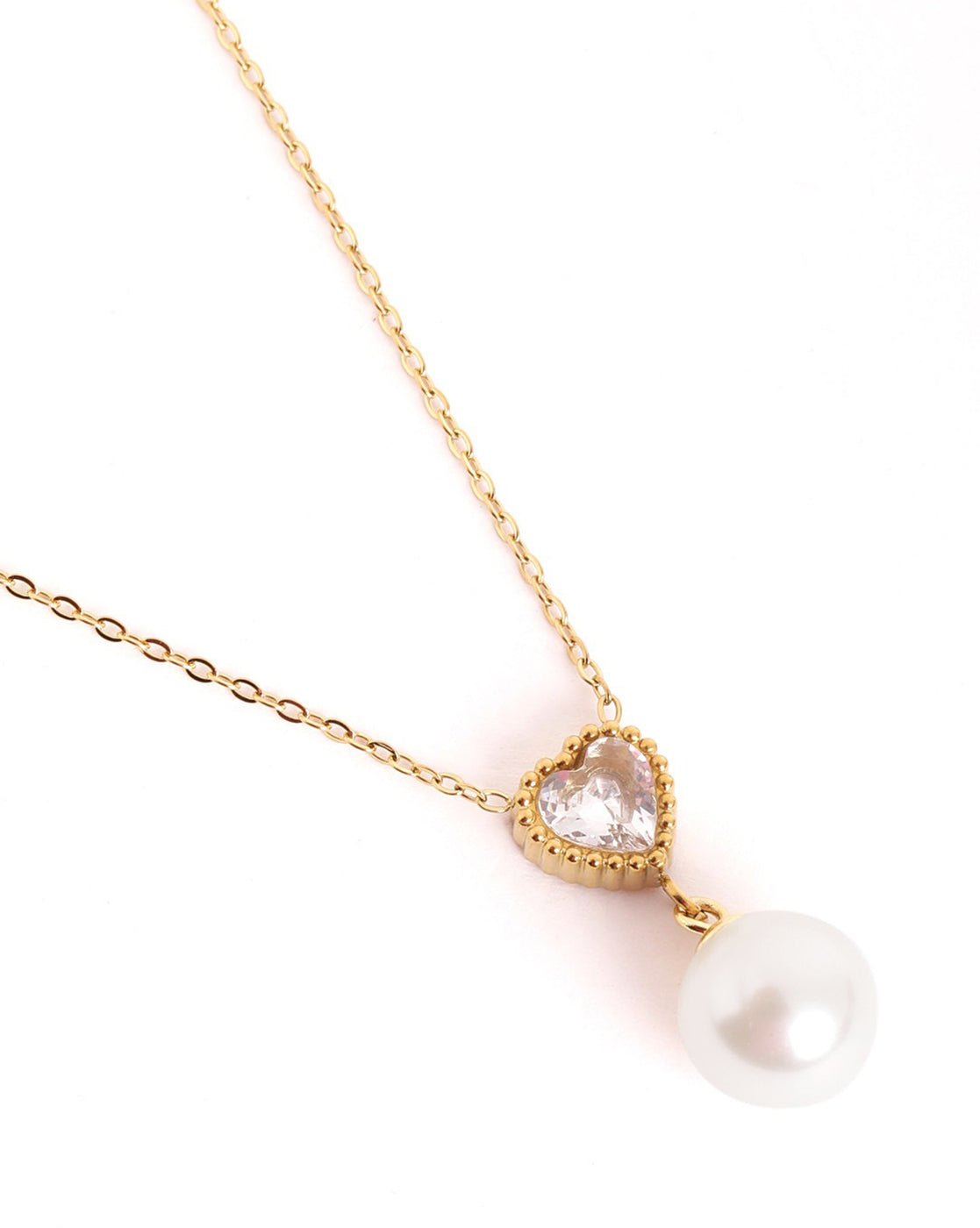 18kt Gold Plated Heart CZ Pearl Necklace and Drop Earring Set