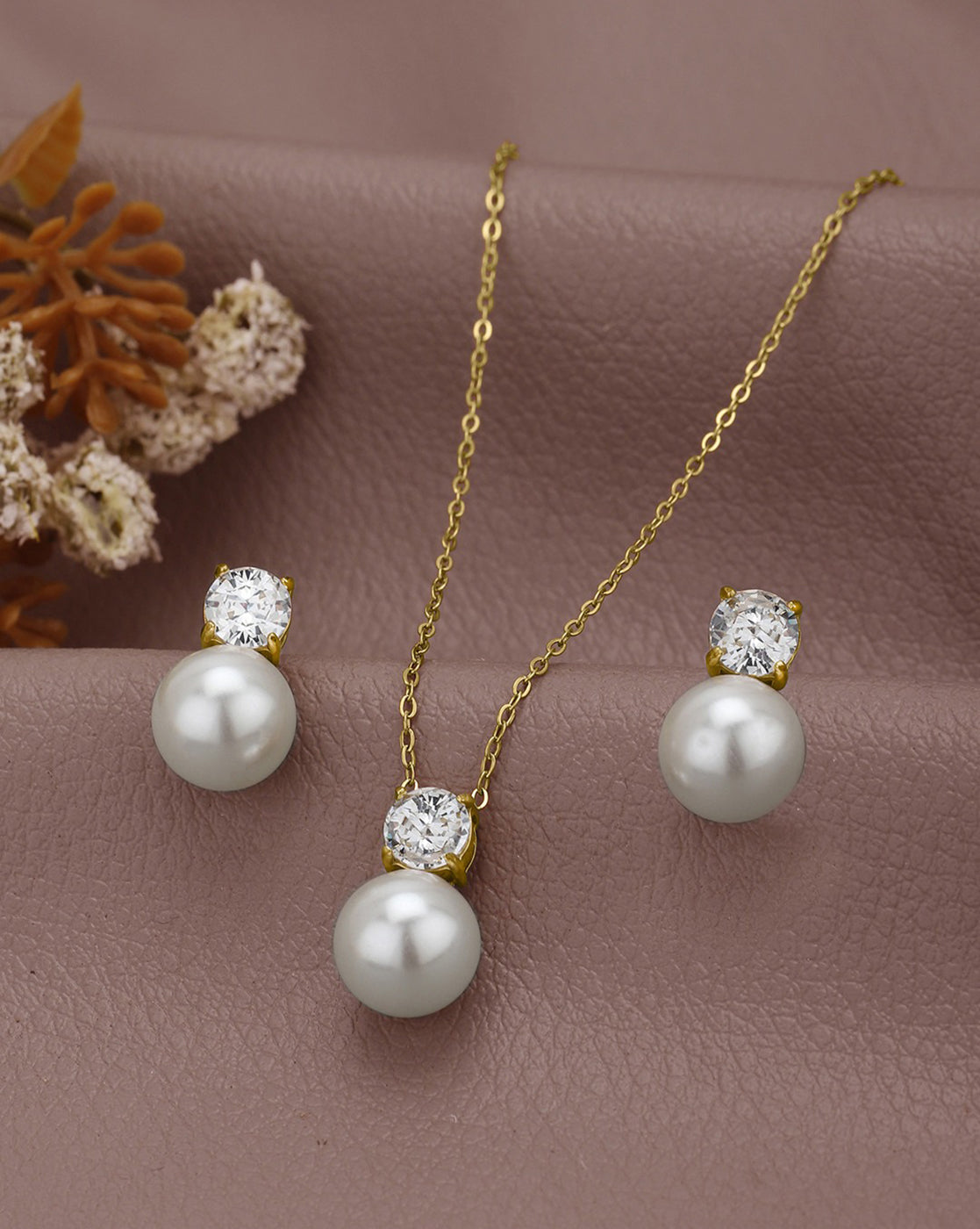 18kt Gold Plated Solitaire CZ Pearl Necklace and Drop Earring Set