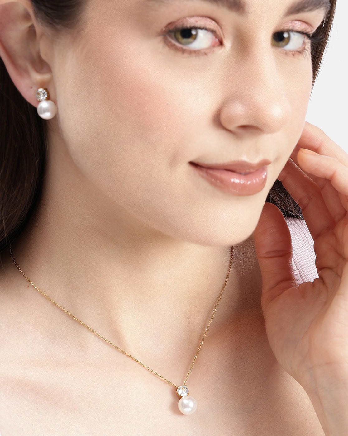 18kt Gold Plated Solitaire CZ Pearl Necklace and Drop Earring Set