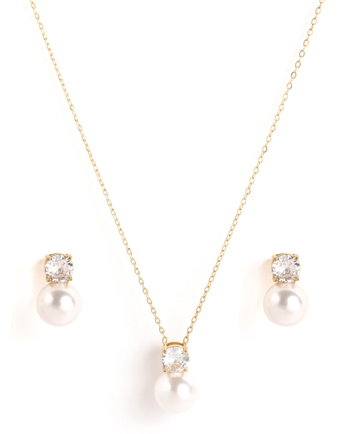 18kt Gold Plated Solitaire CZ Pearl Necklace and Drop Earring Set