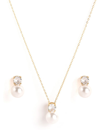 18kt Gold Plated Solitaire CZ Pearl Necklace and Drop Earring Set