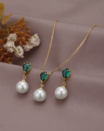 18kt Gold Plated Green CZ Pearl Necklace and Drop Earring Set