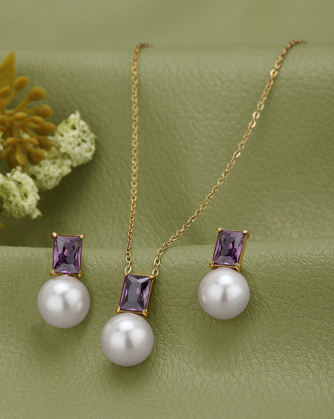 18kt Gold Plated Lavender CZ Pearl Necklace and Drop Earring Set